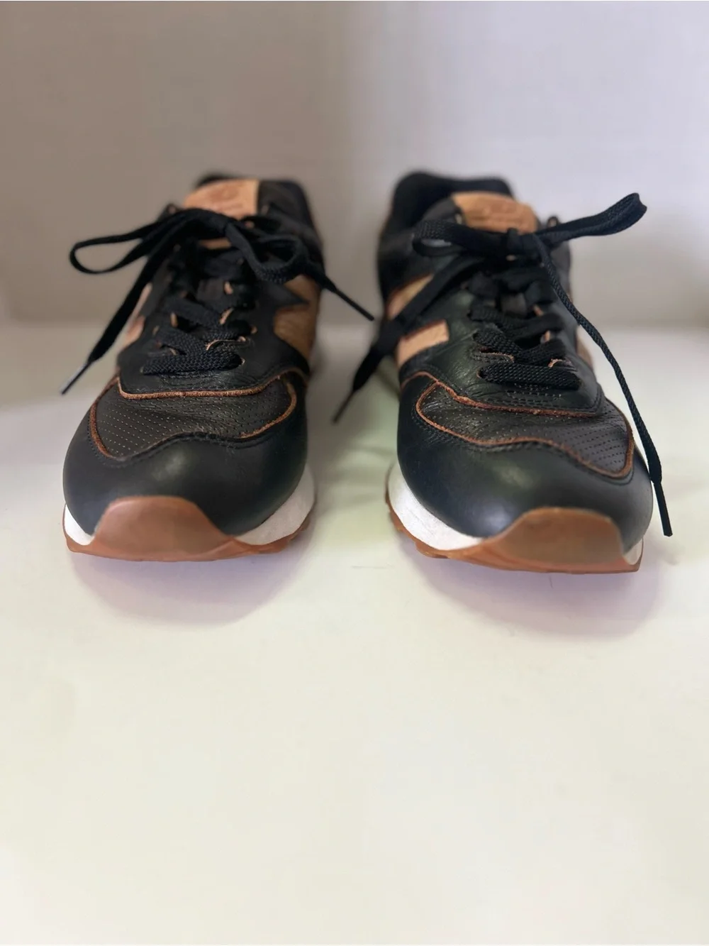 Rare New Balance 574 Leather Black Sneakers with Tan Leather Accents